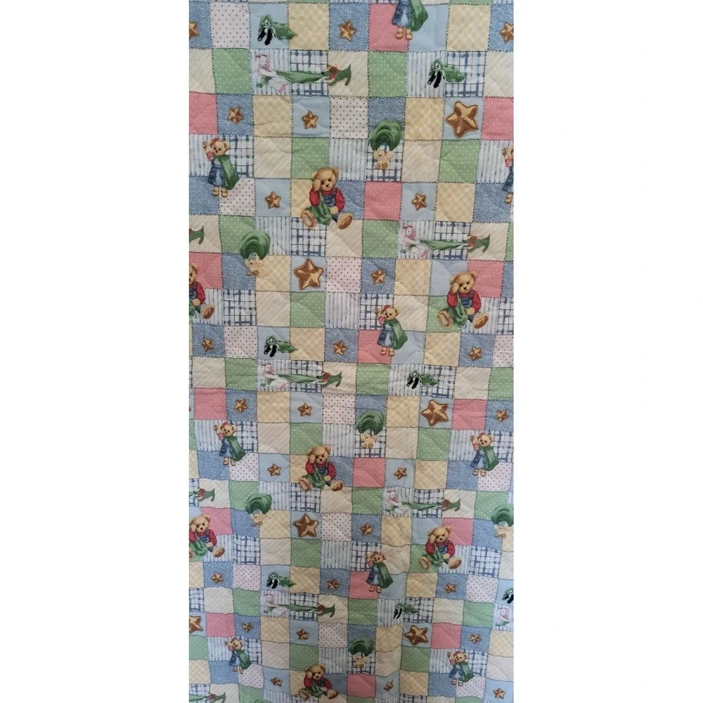 Vintage Teddy Bear Patchwork Quilted Baby Blanket Blue Gingham‎ Stars 34x44